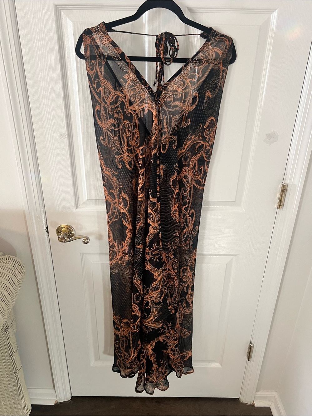 Black Maxi Dress with Copper Scroll Print